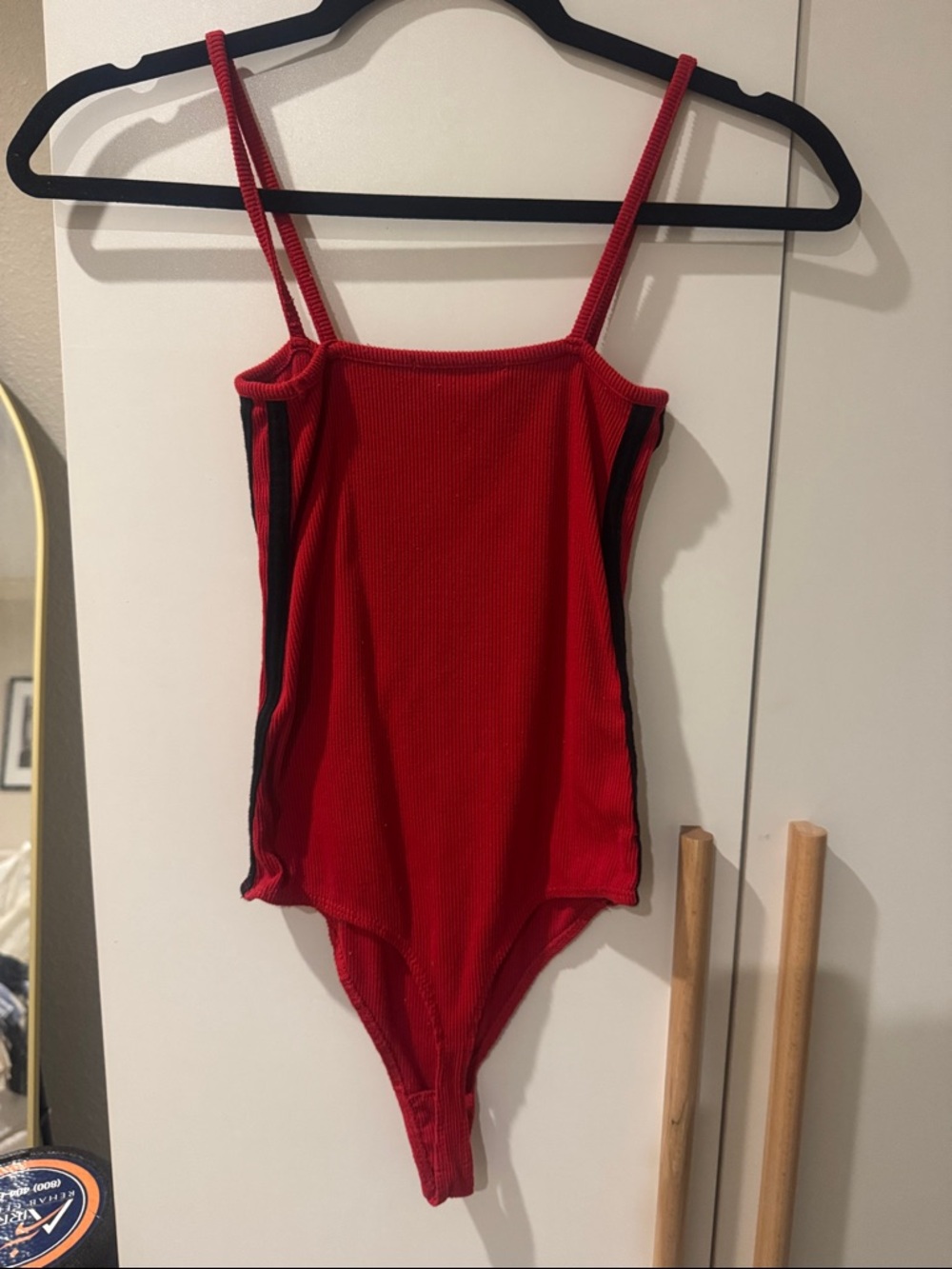 Brandy Melville Red Ribbed Bodysuit with Black Side Stripes